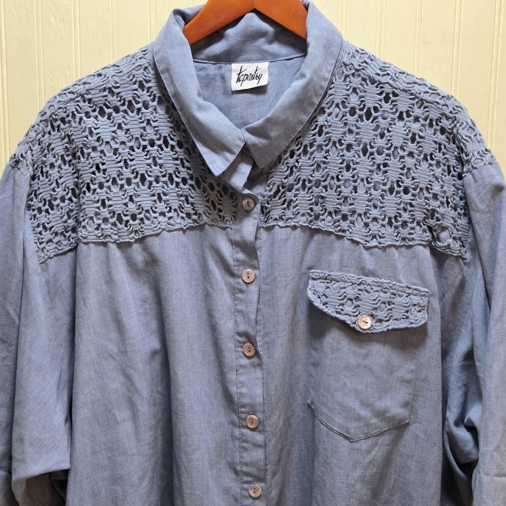 Tapestry Button Up‎ Shirt Womens XL Blue Chambray Crochet 3/4 Sleeve Tunic Top